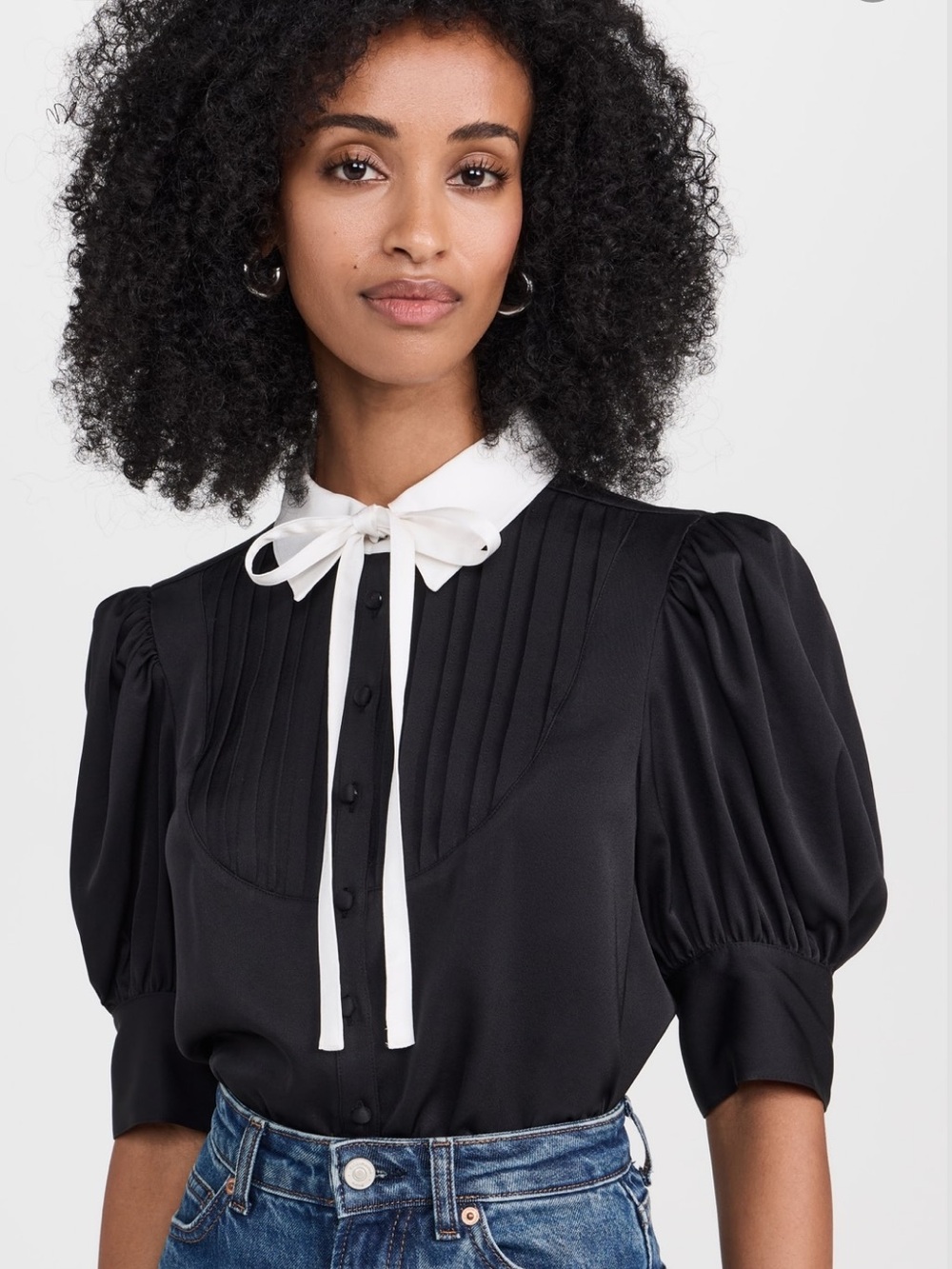 Cinq a Sept / Farah Pleat Front Shirt Black Puff-Sleeve Blouse with White Tie